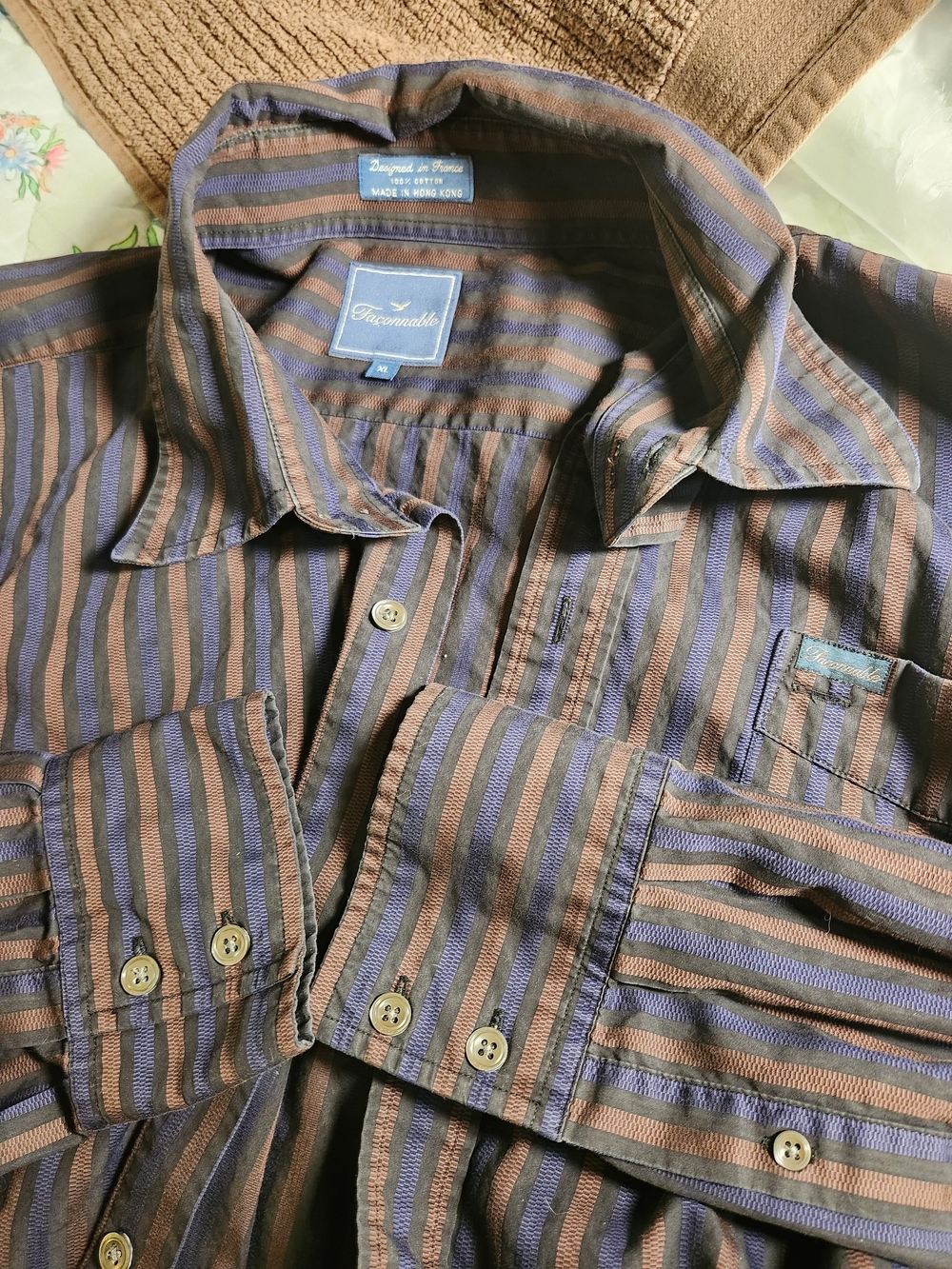 Faconnable Men's XL Blue/Brown Striped Cotton Button-Up Shirt Pockets LS